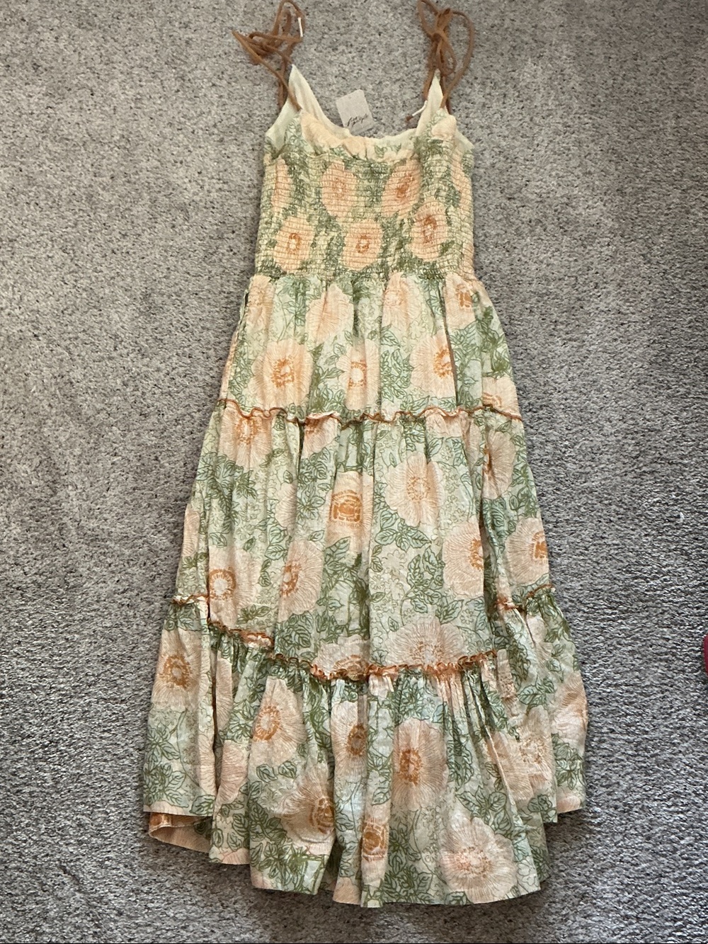 NWT Free People Adriel Tie Strap Tiered Midi Dress ~ Yellow & Green - Picture 11 of 12